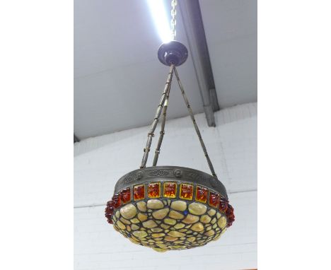 Glass ceiling light, circular shade with coloured glass in an Arts &amp; Crafts style metal surround, with hanging chains