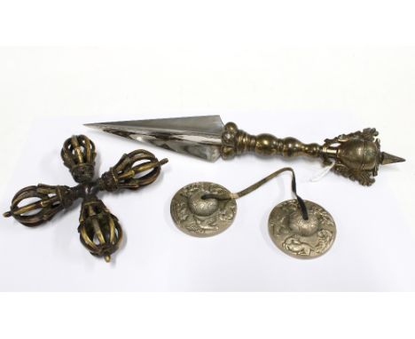 Tibetan Tshinga finger bells / cymbals, decorated with animals, 6.5cm, together with a Phurba knife 37cm and a Vajra Dorje 18