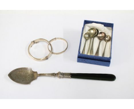 Silver babies bangle and a white metal bangle together with a group of salt spoons and a Sheffield silver and green hardstone
