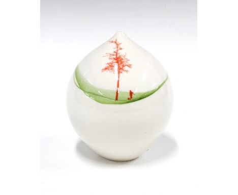 Contemporary studio pottery vase, white glazed ground with a boy playing football under a tree,  base initialled SC, perhaps 