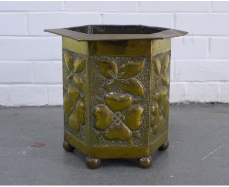 Arts &amp; Crafts hexagonal brass planter, floral embossed pattern, 32 x 28cm.