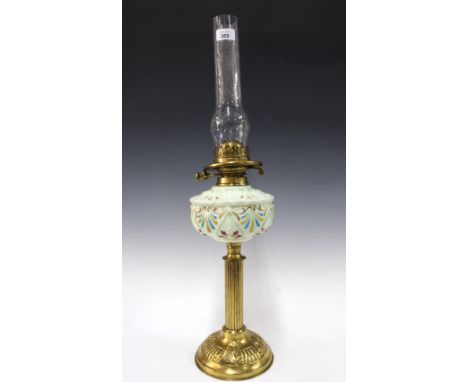 Brass oil lamp with an opaque glass well, 44cm excluding funnel