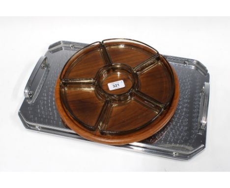 Art Deco style engine turned white metal tray, 45 x 28cm, together with a vintage teak and smoked glass serving set, 29cm (2)