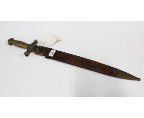 19th century French infantry short sword in the Gladius form, in brass and leather scabbard, both stamped 896. Sword 64cm