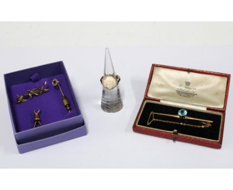 14ct gold gemset bar brooch, 9ct gold cameo ring, Edwardian seed pearl swallows brooch, tiepin and yellow metal clasp