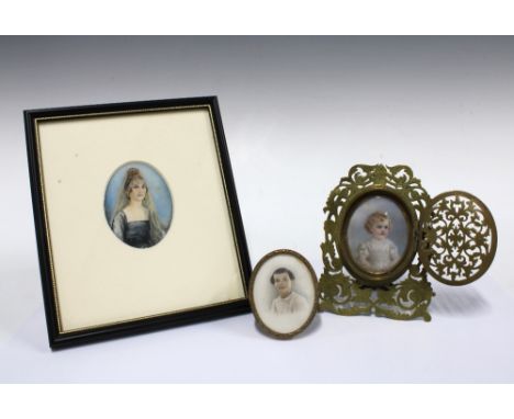 Painted portrait miniature of a child, on ivorine in a Lee of Liverpool brass frame with pierced cover 9 x 13m, together with