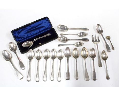 A quantity of 19th century and later silver hallmarked teaspoons, various dates and makers marks together with a silver pickl