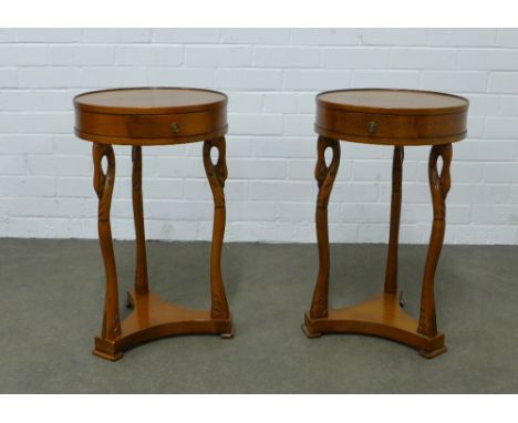 Pair of  gueridon style  lamp tables, each with a circular top and single frieze drawer,  raised on three swan neck supports,