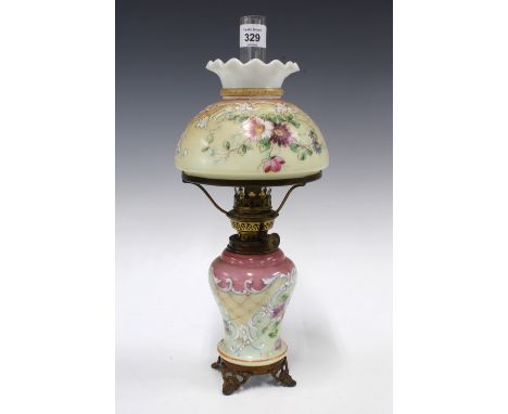 Veritas Lamp Works oil lamp with floral painted glass shade and well, 34cm to top of shade