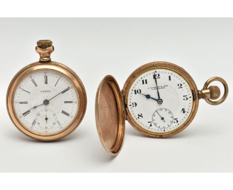 TWO POCKET WATCHES, the first an open face pocket watch with black Roman numerals and subsidiary seconds dial, the second a f