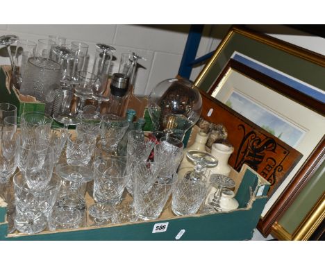 TWO BOXES OF GLASSWARE, to include four vintage medicine bottles, eleven champagne flutes, decanter, a pair of small ice-crea