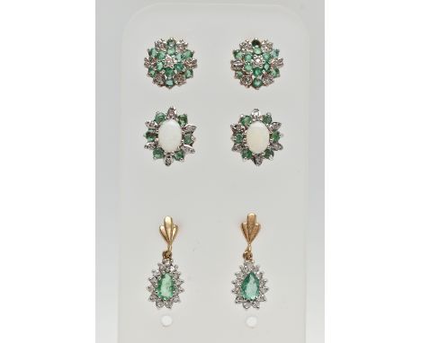 THREE PAIRS OF GEM SET EARRINGS, to include a pair of opal, diamond and emerald cluster stud earrings, hallmarked 9ct Birming