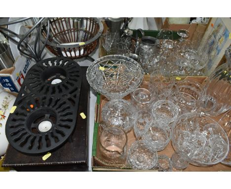 SIX BOXES OF CERAMICS, GLASSWARE AND METALWARE, to include a group of pewter jugs, cut glass vases, bowls and drinking glasse