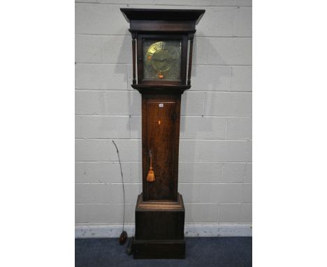 A GEORGIAN OAK 30 HOUR LONG CASE CLOCK, signed Joyce Ruthin, the box hood with cylindrical pillars, flanking a glazed door th