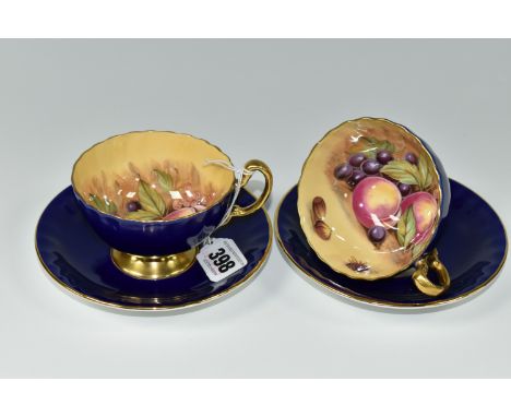 TWO AYNSLEY ORCHARD GOLD TEACUPS AND SAUCERS, each teacup having gently fluted bowl, cobalt blue exterior, gilt handle, foot 