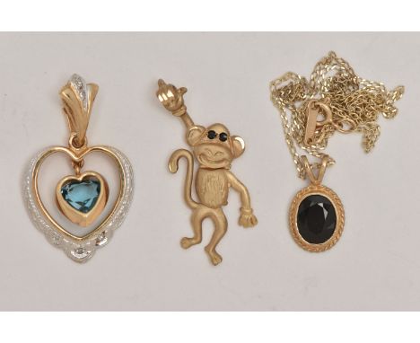 THREE 9CT GOLD GEM SET PENDANTS, the first designed as a monkey, an open work heart pendant, and an oval pendant with rope de