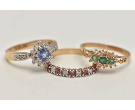 THREE 9CT GOLD GEM SET RINGS, the first an emerald and diamond cluster ring, hallmarked 9ct Birmingham, ring size M 1/2, a sa