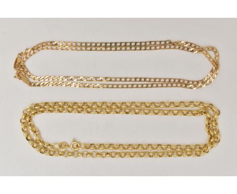 TWO 9CT GOLD CHAIN NECKLACES, the first a yellow gold belcher link chain, approximate length 450mm, hallmarked 9ct Birmingham