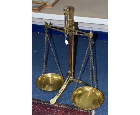 A SET OF W &amp; T AVERY SHOP SCALES, of twin panned balance form, with mechanical lift, stamped makers marks and 'Class B' t