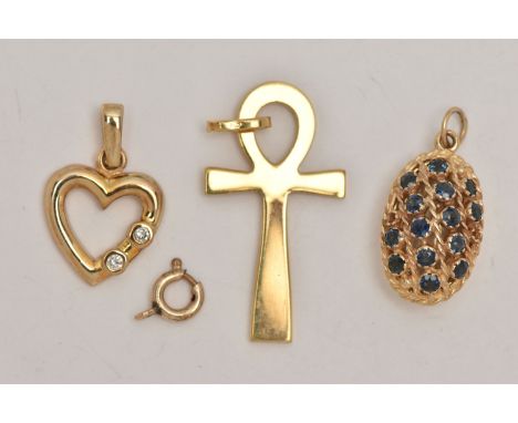 THREE 9CT GOLD PENDANTS, the first a yellow gold open work heart pendant, bezel set with two round brilliant cut diamonds, ha