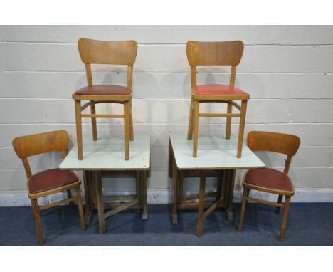 TWO FORMICA GATE LEG TABLES, along with four beech chairs (condition report: one table water damaged and rickety, surface scr