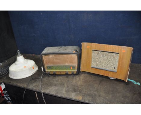 A VINTAGE PHILIPS 341A VALVE RADION with a brown Bakelite case along with a Pye 'Batwing' style speaker cabinet (both unteste