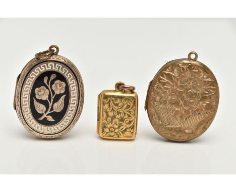 THE LATE VICTORIAN MEMORIAL LOCKETS, two of oval outline, one of rectangular outline, two with engraved floral decoration, on