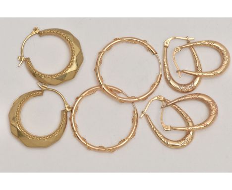 9CT GOLD AND YELLOW METAL HOOP EARRINGS, the first a pair of yellow gold creole earrings, hallmarked 9ct Birmingham import, a