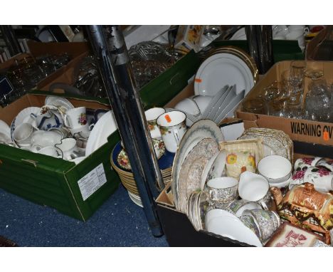 SEVEN BOXES AND LOOSE CERAMICS AND GLASS WARES, to include four pieces of Royal Albert Old Country Roses: two mugs in differe