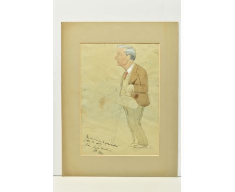 SIR LESLIE WARD - SPY (1851-1922) AN UNFINISHED CARICATURE PORTRAIT, depicting a male figure holding a hat and a bag, annotat