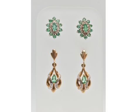 TWO PAIRS OF GEM SET EARRINGS, the first a pair of 9ct gold emerald and diamond cluster earrings, hallmarked 9ct Birmingham, 