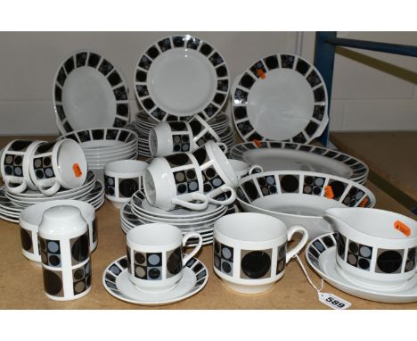 A FIFTY NINE PIECE MIDWINTER 'FOCUS' PATTERN PART DINNER SERVICE, the op-art pattern designed by Barbara Brown, on the Fine S