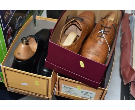 THREE BOXED PAIRS OF GENTLEMEN'S 'BARKER' LEATHER SHOES, all UK size 9.5, one pair of black lace-up shoes, a pair of tan leat