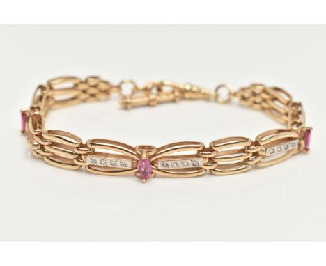 A 9CT GOLD DIAMOND AND RUBY BRACELET, a gate and brick link style bracelet, set with twenty single cut diamonds and three mar