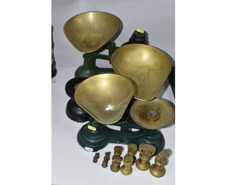 THREE SETS OF 20TH CENTURY / REPRODUCTION PAINTED METAL KITCHEN SCALES WITH BRASS PANS AND AN ASSORTMENT OF CAST IRON AND BRA