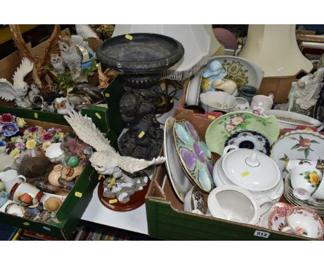 FOUR BOXES AND LOOSE CERAMICS AND ORNAMENTS, to include four cups, six saucers, milk jug, six tea plates and one cake plate i
