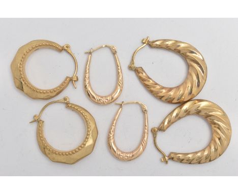 TWO PAIRS OF 9CT GOLD CREOLE HOOP EARRINGS AND A PAIR OF YELLOW METAL CREOLE EARRRINGS, all varying is size, two pairs hallma