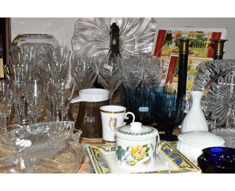 A GROUP OF GLASS WARES, CERAMICS AND A PAIR OF CANDLESTICKS, to include six dark blue Wedgwood glasses, eleven Dartington Cry