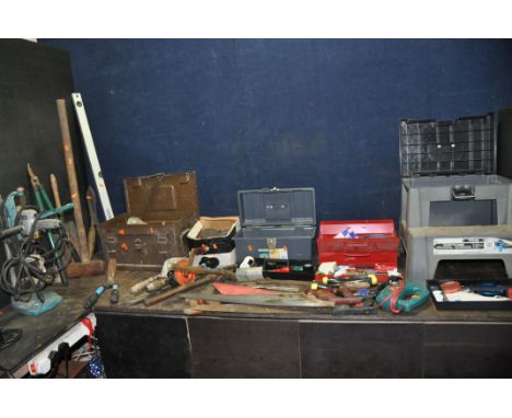 TWO TOOLBOXES, A STEP TOOLBOX AND AN AMMO BOX CONTAINING TOOLS including vintage saws by Spear and Jackson etc, a Stanley Sho