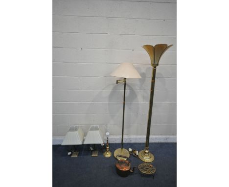 A PAIR OF LAURA ASHLEY CORINTHIAN COLUMN TABLE LAMPS, with a fabric shade, another table lamp, a pair of brass floor lamps, a