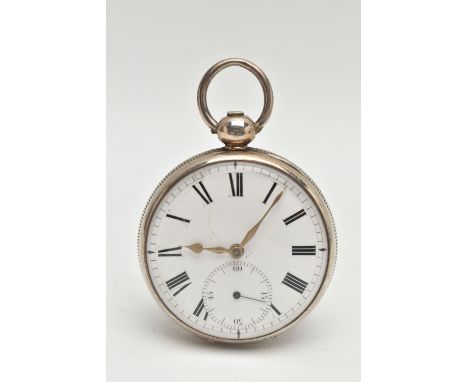 A SILVER OPEN FACE POCKET WATCH, key wound movement, Roman numerals, subsidiary dial at the six o'clock position, engine turn