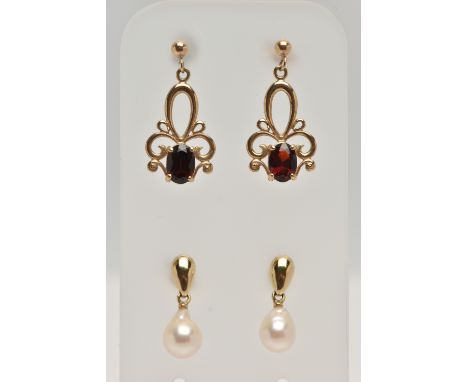 TWO PAIRS OF GEM EARRINGS, the first designed as a cultured pearl drop suspended from a pear shape stud, 9ct hallmark, length