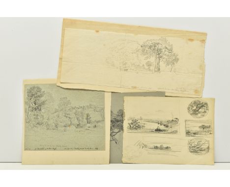 JOHN LINNELL (1792-1882) TWO PENCIL SKETCHES OF TREES, the first on blue paper depicts Bently Brook in Derbyshire, signed and