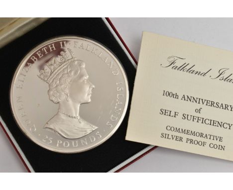 A CASED 100TH ANNIVERSARY OF SELF SUFFICIENCY FALKLAND ISLANDS SILVER PROOF COIN, with information leaflet