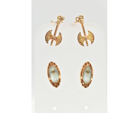 TWO PAIRS OF EARRINGS, the first a pair of 9ct yellow gold gem set stud earrings, hallmarked 9ct Birmingham approximate gross