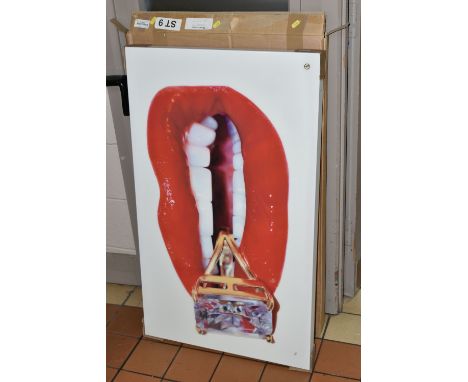 RORY HANCOCK (WELSH 1987) 'ROCK CANDY', a signed limited edition box canvas print of a mouth and a diamond ring, 9/95, with c