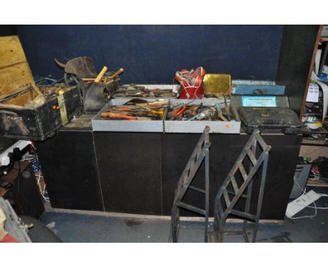 A LARGE QUANTITY OF AUTOMOTIVE TOOLS including a vintage wood ammo box, three socket sets, by Hilka, Williams and Gordon, adj