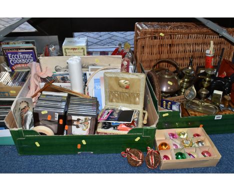 FIVE BOXES OF METALWARE, CD'S AND MISCELLANEOUS SUNDRIES, to include a box of eleven vintage Christmas baubles, Christmas dec
