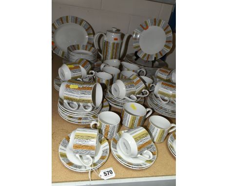 A QUANTITY OF MIDWINTER 'SIENNA' PATTERN DINNERWARE, comprising dinner plates, meat plate, cake plates, cereal dishes, coffee