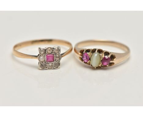 TWO GEM SET RINGS, the first designed as a central square ruby within a colourless sapphire surround, ring stamped 18ct, ring